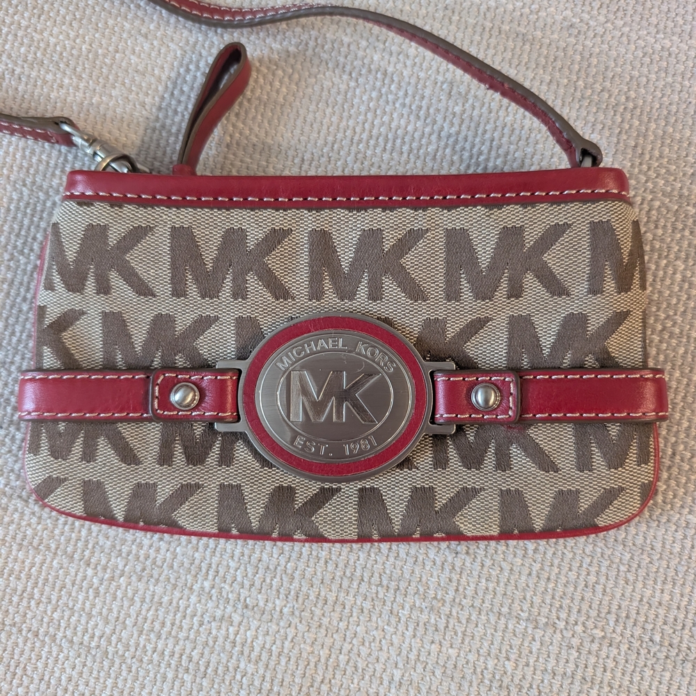 Michael Kors Brown and Red Monogram Wristlet
